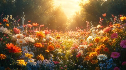 Fototapeta premium Sunlight shining through forest on field of colorful flowers
