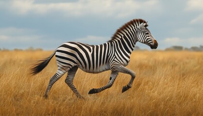 A zebra runs gracefully through golden grasslands under a cloudy sky in the savannah