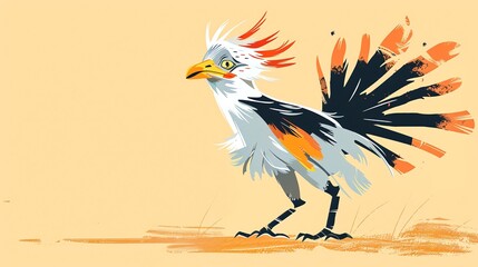 Fototapeta premium Create a illustration of a Secretary bird huntingin a kawaii style, simplified to feature fewer elements for a cleaner look, Use a color palette that is appealing to children, with bright and c