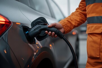 Close up of man's hand holding power supply cable at electric vehicle charging station.