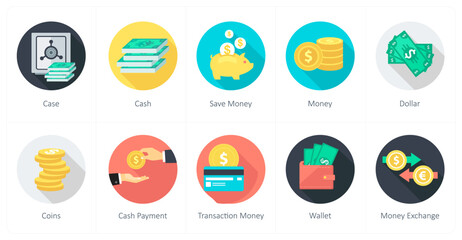 A set of 10 shopping icons as case, cash, save money