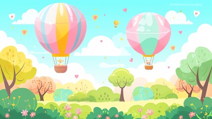 Obraz premium Create a illustration of a Hot air balloon safariin a kawaii style, simplified to feature fewer elements for a cleaner look, Use a color palette that is appealing to children, with bright and c