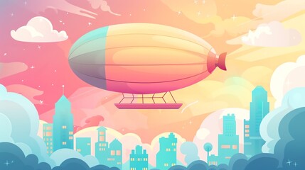 Fototapeta premium Create a illustration of a Zeppelin flying over the savannahin a kawaii style, simplified to feature fewer elements for a cleaner look, Use a color palette that is appealing to children, with b