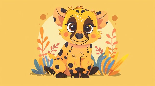 Create a illustration of a Hyenas at a denin a kawaii style, simplified to feature fewer elements for a cleaner look, Use a color palette that is appealing to children, with bright and cheerful