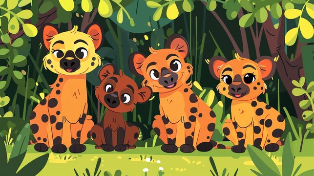 Create a illustration of a Hyenas at a denin a kawaii style, simplified to feature fewer elements for a cleaner look, Use a color palette that is appealing to children, with bright and cheerful