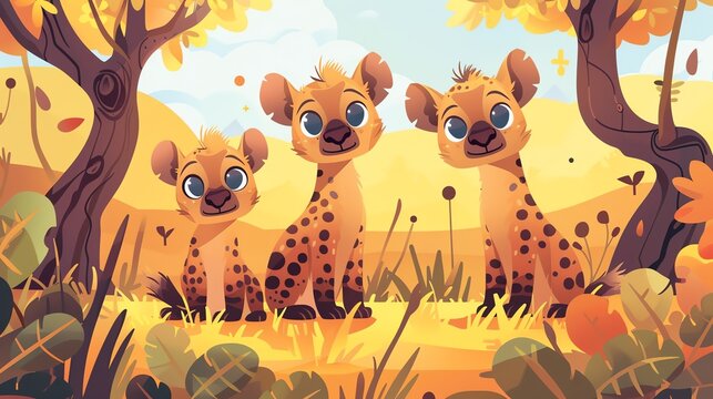 Create a illustration of a Hyenas at a denin a kawaii style, simplified to feature fewer elements for a cleaner look, Use a color palette that is appealing to children, with bright and cheerful