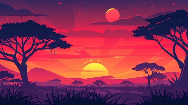 Create a illustration of a African sunset with silhouettesin a kawaii style, simplified to feature fewer elements for a cleaner look, Use a color palette that is appealing to children, with bri