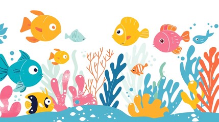Create a illustration of a Colorful coral reef with tropical fishin a kawaii style, simplified to feature fewer elements for a cleaner look, Use a color palette that is appealing to children, w