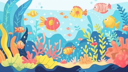 Obraz premium Create a illustration of a Colorful coral reef with tropical fishin a kawaii style, simplified to feature fewer elements for a cleaner look, Use a color palette that is appealing to children, w