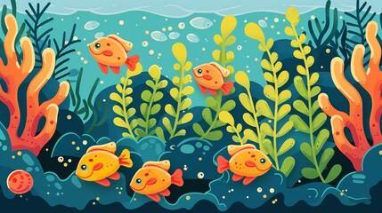 Create a illustration of a Colorful coral reef with tropical fishin a kawaii style, simplified to feature fewer elements for a cleaner look, Use a color palette that is appealing to children, w
