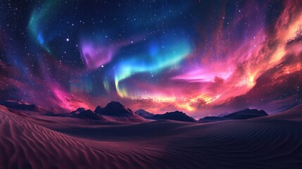 The desert under the colorful aurora borealis is beautiful and charming 