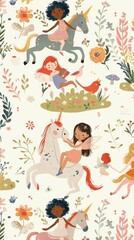 Fototapeta premium Kids enjoy fantasy play on unicorns surrounded by flowers, fairies, and singing birds in a whimsical environment