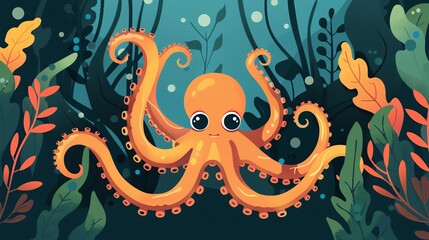 Obraz premium Create a illustration of a Giant octopus in a kelp forestin a kawaii style, simplified to feature fewer elements for a cleaner look, Use a color palette that is appealing to children, with brig