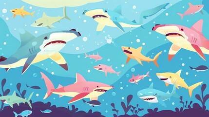 Obraz premium Create a illustration of a Hammerhead sharks in a schoolin a kawaii style, simplified to feature fewer elements for a cleaner look, Use a color palette that is appealing to children, with brigh