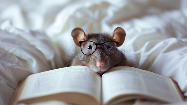 Cute rat with glasses reading a book.