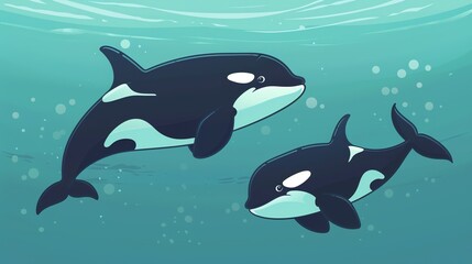 Fototapeta premium Create a illustration of a Orca whales huntingin a kawaii style, simplified to feature fewer elements for a cleaner look, Use a color palette that is appealing to children, with bright and chee