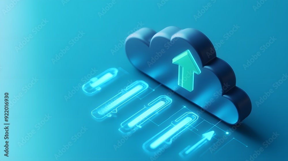 Poster 3d cloud computing concept showing a blue cloud with an upward arrow and various glowing elements on