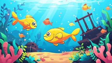 Fototapeta premium Create a illustration of a Groupers near a shipwreckin a kawaii style, simplified to feature fewer elements for a cleaner look, Use a color palette that is appealing to children, with bright an