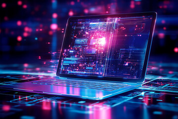Futuristic illustration about computer technology with a laptop in neon colors. For cover background