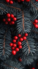 Christmas tree branch decorated with red berries celebrating christmas time