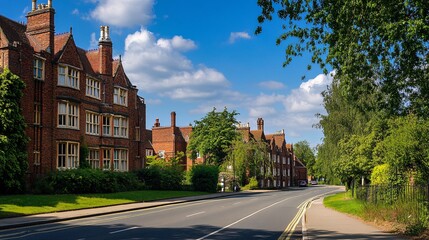 Historic brick buildings shadow a tranquil road, framed by lush greenery and a clear blue sky during a bright afternoon