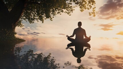 Silhouette of a person meditating by a peaceful lake at sunset.