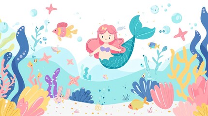 Create a illustration of a Mermaids swimming with marine lifein a kawaii style, simplified to feature fewer elements for a cleaner look, Use a color palette that is appealing to children, with