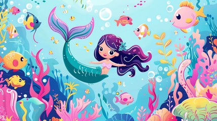 Create a illustration of a Mermaids swimming with marine lifein a kawaii style, simplified to feature fewer elements for a cleaner look, Use a color palette that is appealing to children, with