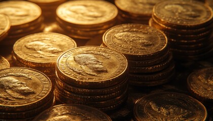 Glimmering gold coins stacked together in warm light setting