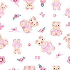 Bear doll pattern isolated on a white.For textile, fabric, wallpaper, banners, cards and so on