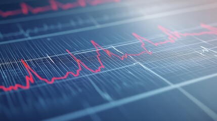 A close-up of an ECG monitor displaying a heartbeat wave, with clear, rhythmic peaks and valleys, showcasing the vital signs in a medical setting.