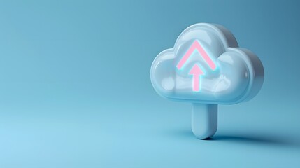 3D cloud icon with an upward arrow symbol, representing data upload and cloud storage concepts in a blue background.