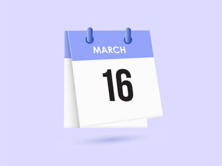 March 16 - calendar and Time planner. Daily Calendar Icon reminder. Vector Illustration.