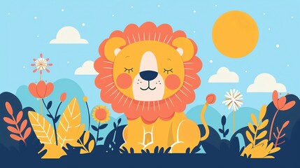 Obraz premium Create a illustration of a Majestic lion in its habitatin a kawaii style, simplified to feature fewer elements for a cleaner look, Use a color palette that is appealing to children, with bright