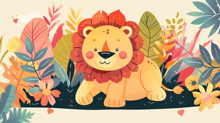 Create a illustration of a Majestic lion in its habitatin a kawaii style, simplified to feature fewer elements for a cleaner look, Use a color palette that is appealing to children, with bright