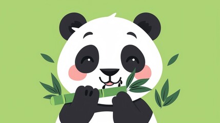 Obraz premium Create a illustration of a Adorable panda munching on bambooin a kawaii style, simplified to feature fewer elements for a cleaner look, Use a color palette that is appealing to children, with b