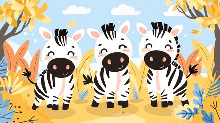 Create a illustration of a Zebras with their distinctive stripesin a kawaii style, simplified to feature fewer elements for a cleaner look, Use a color palette that is appealing to children, wi