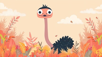 Create a illustration of a Ostrich with its long neckin a kawaii style, simplified to feature fewer elements for a cleaner look, Use a color palette that is appealing to children, with bright a