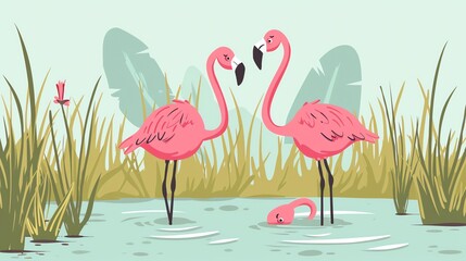 Obraz premium Create a illustration of a Flamingos in a shallow lakein a kawaii style, simplified to feature fewer elements for a cleaner look, Use a color palette that is appealing to children, with bright