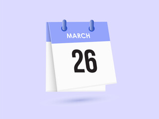 March 26 - calendar and Time planner. Daily Calendar Icon reminder. Vector Illustration.