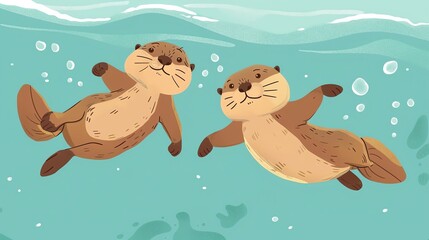 Create a illustration of a Playful otters swimming togetherin a kawaii style, simplified to feature fewer elements for a cleaner look, Use a color palette that is appealing to children, with br