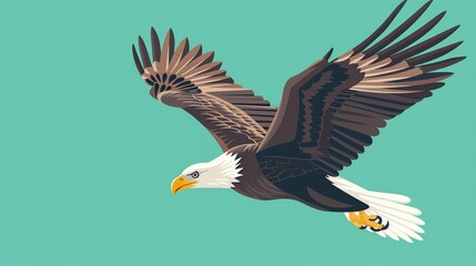 Obraz premium Create a illustration of a Bald eagle in flightin a kawaii style, simplified to feature fewer elements for a cleaner look, Use a color palette that is appealing to children, with bright and che