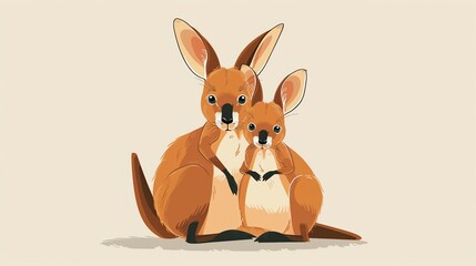 Create a illustration of a Wallaby with its pouchin a kawaii style, simplified to feature fewer elements for a cleaner look, Use a color palette that is appealing to children, with bright and c