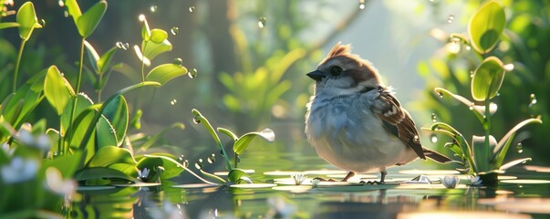 Obraz premium Cute, fluffy sparrow character standing amidst flowers in a sunlit forest. Free copy space for text.