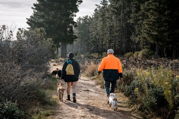 People walking dogs on a forest trail