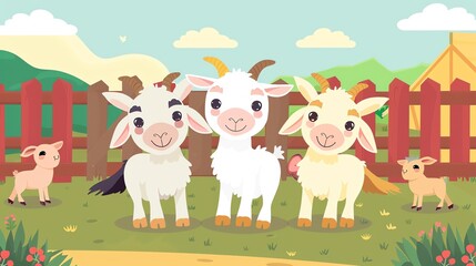 Create a illustration of a Pygmy goats in a petting zooin a kawaii style, simplified to feature fewer elements for a cleaner look, Use a color palette that is appealing to children, with bright