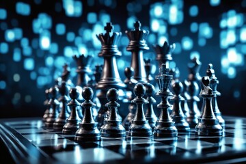 Chess Pieces on Board with Blue Background