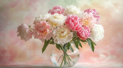 Obraz premium Bouquet of pink and white peonies is standing in a glass vase on a colorful background