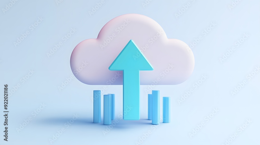 Poster 3d cloud upload icon with an upward arrow and bar chart on a light blue background representing data