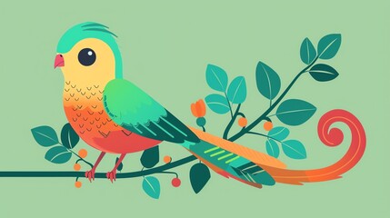 Create a illustration of a Quetzal bird with resplendent tail feathersin a kawaii style, simplified to feature fewer elements for a cleaner look, Use a color palette that is appealing to childr
